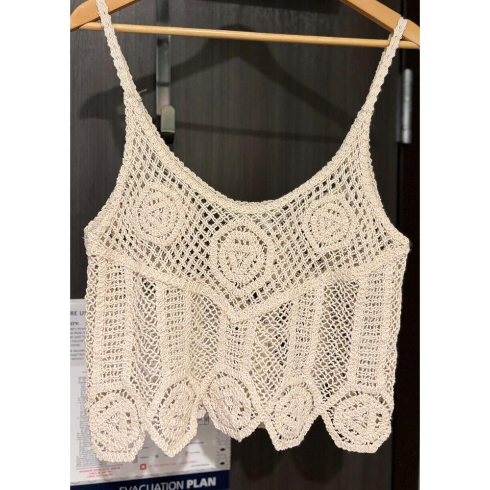 Rachel Zoe Boho Crop Tank Top Large Ivory 100%‎ Cotton Crochet boho whimsy Y2k